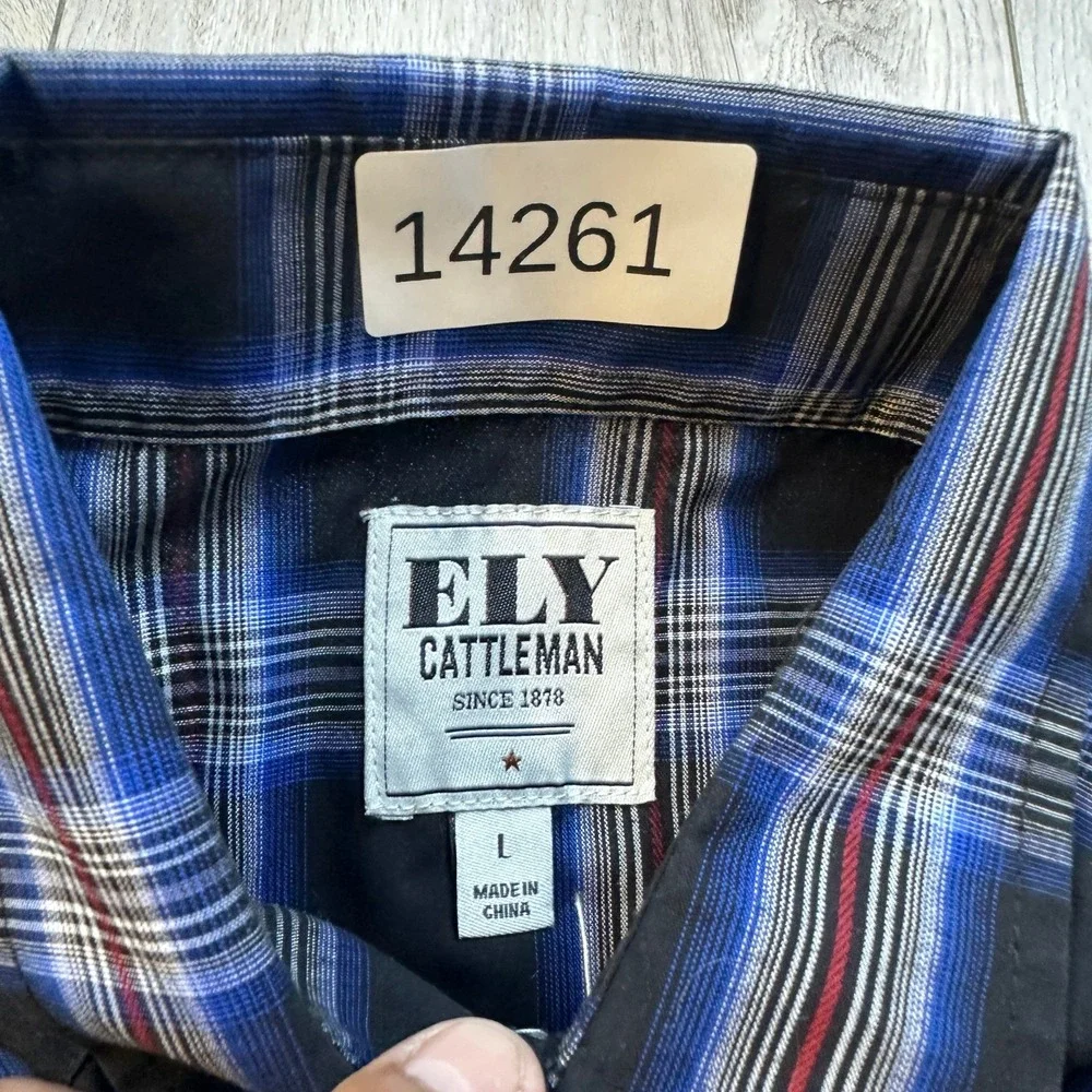 Ely Cattleman Mens Large Blue Red Plaid Pearl Snap Short Sleeve Western Shirt